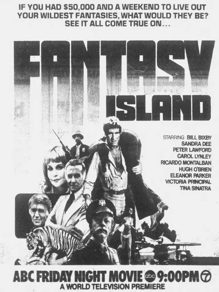 Fantasy Island S1 Guide: The Escapist Masterpiece 1 Fantasy Island Season 1 Episode Guide featuring a newspaper promotion for the Fantasy Island 1977 pilot movie on Pop the Channel.