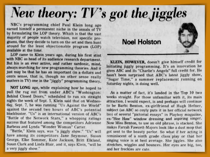 The Dust Mop vs. The Machine: The Charlie’s Angels Season 1 Guide 16 1976 article about "Jiggle TV" by Noel Holston on Pop the Channel