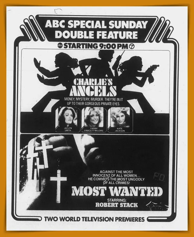 The Dust Mop vs. The Machine: The Charlie’s Angels Season 1 Guide 2 Charlie's Angels 1976 pilot movie world premiere newspaper promo on Pop the Channel