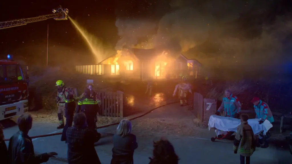 The Perfect Lie S1E1: "Karen" featuring the burning house that sets off the story on Pop the Channel