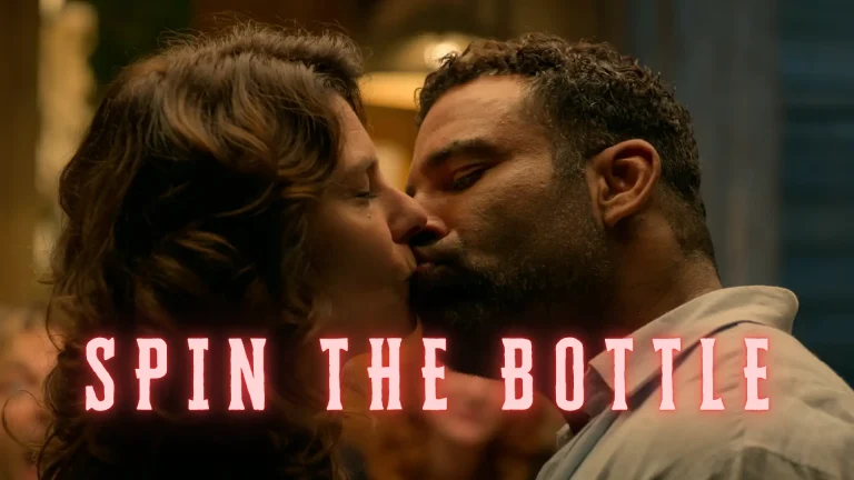 The Perfect Lie S1E2: "Hanneke" Review featured image on Pop the Channel with Hanneke and Evert's Spin the Bottle Kiss overlayed with the words: Spin the Bottle.
