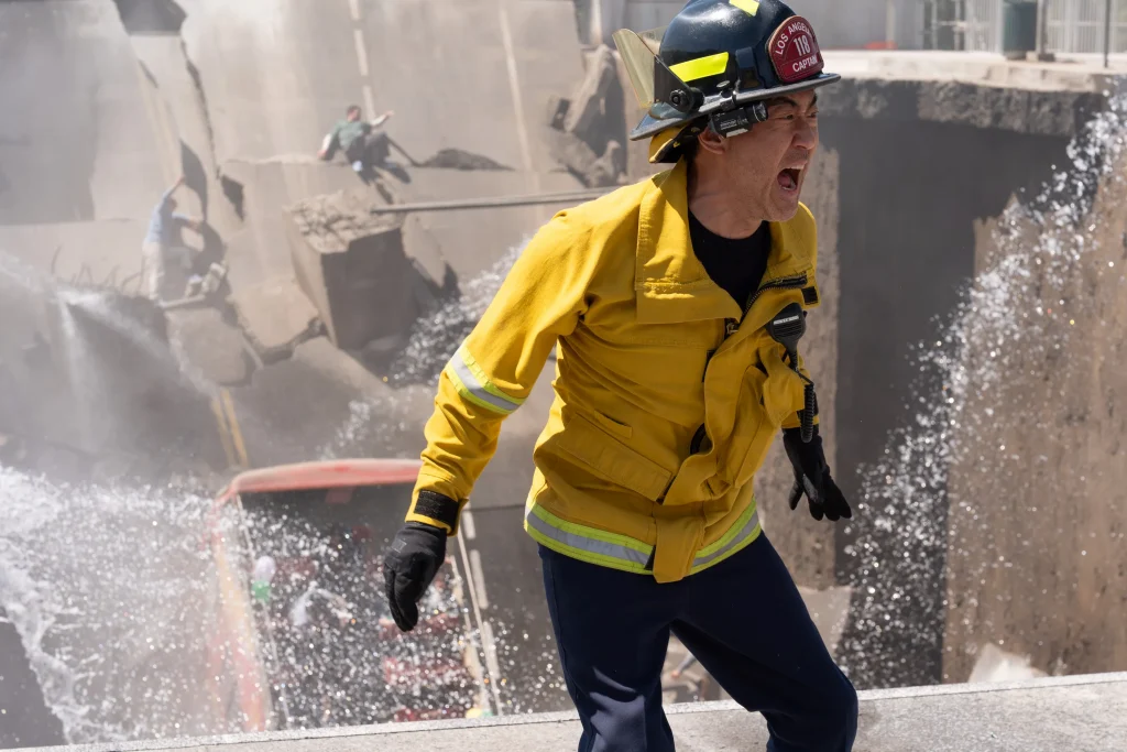 9-1-1 Season 10 Episode 1: "That Sinking Feeling" and 9-1-1 Season 10 Episode 2: "Fire in the Hole" Review featuring Chimney at the edge of the sinkhole on Pop the Channel