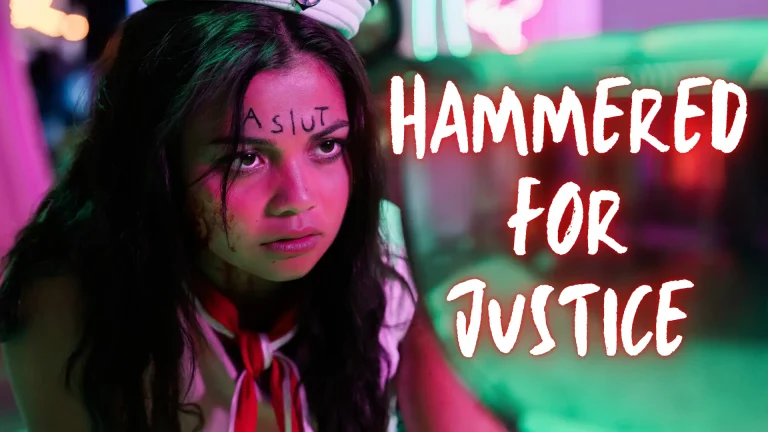 Siena Agudong as Nora in Buzzkill with Hammered for Justice text