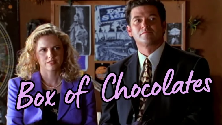 Felicity Season 1 Episode 2: "The Last Stand" Review featured image with Felicity's parents in her dorm room with the graphic image text Box of Chocolates on Pop the Channel