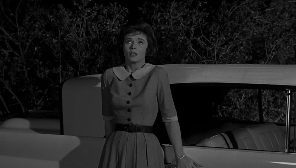 Homicidal Review: William Castle's Bizarro Psycho Is a Hell of a Lot More Fun 8 Homicidal 1961 Movie Review featuring Miriam Webster standing frightened near her car outside Helga's house on Pop the Channel