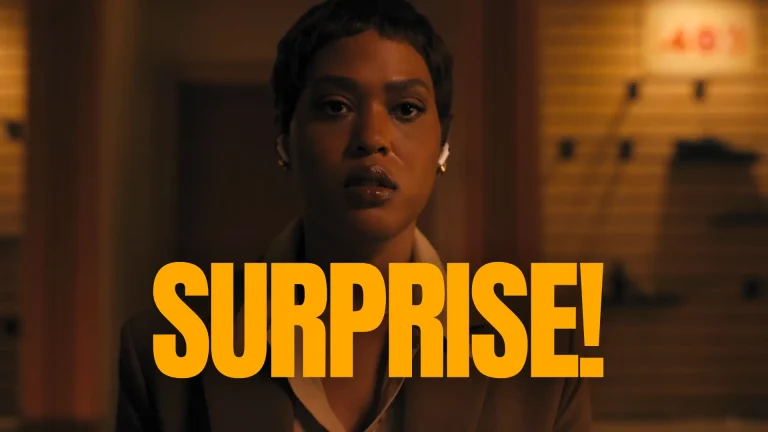Featured image for Line of Fire Season 1 Episode 2 Review: "A Bigger Picture" featuring Agent Nia Wallace looking at her murder board with the text: "Surprise!" overlayed under her face on Pop the Channel